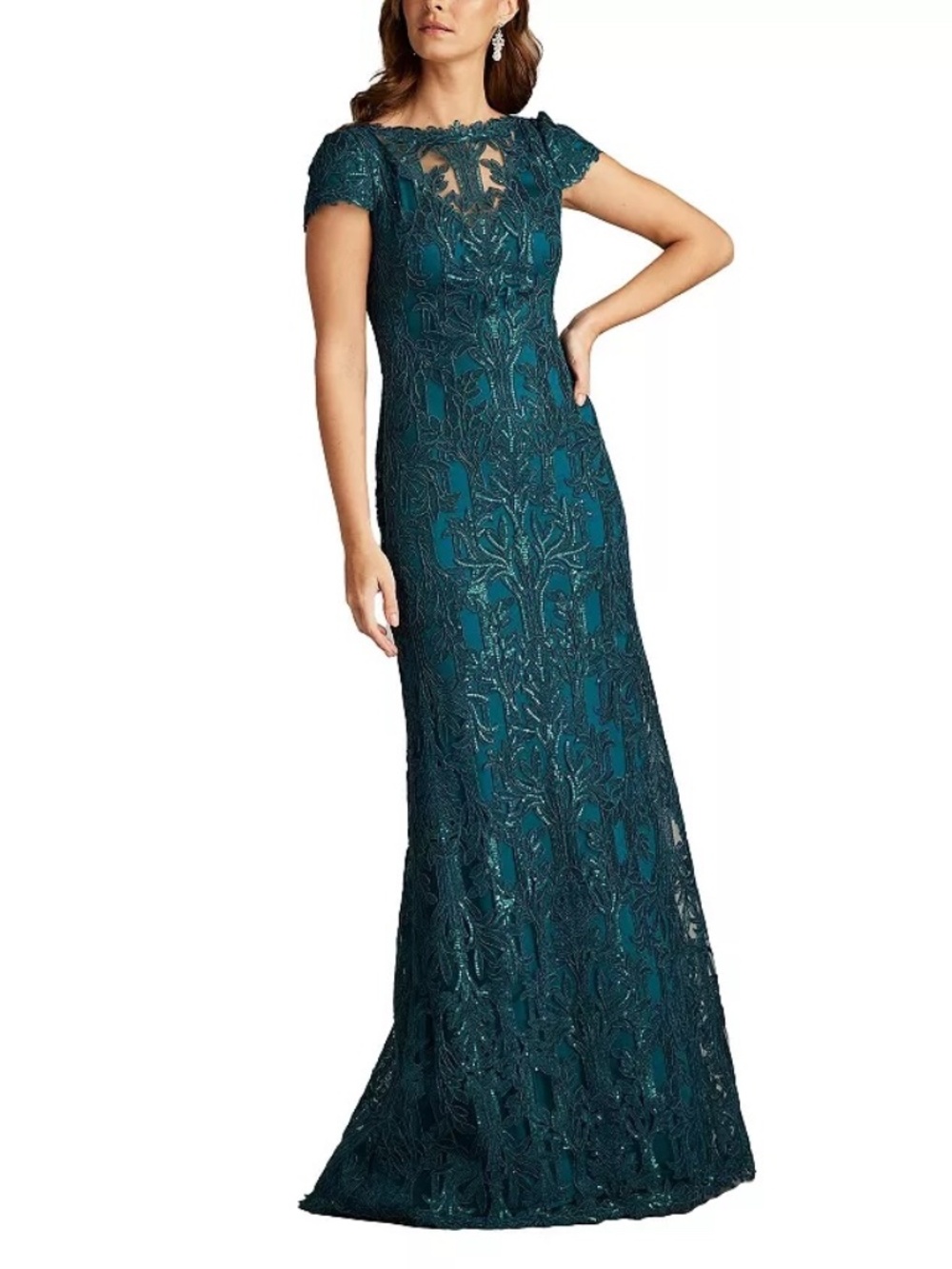 NWT Tadashi Shoji Teal Sequin Lace Cold Shoulder Gown Size 4 $558